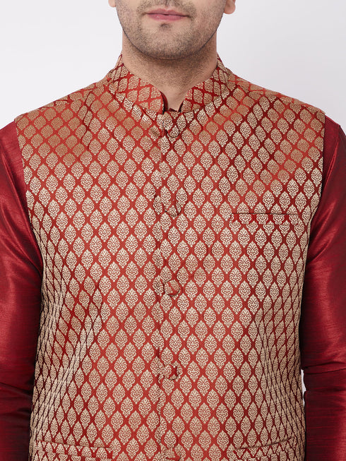 Vastramay Men's Maroon Silk Blend Jacket With Kurta Dhoti Set